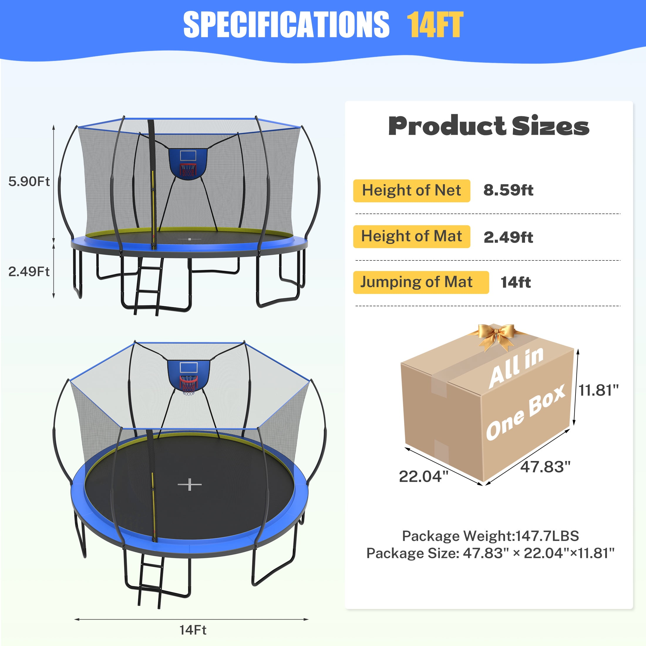 14 Ft Trampoline for Kids and Adults, Outdoor Trampoline with Fiberglass Rods and Smart Zipper System Zero Gaps, Segmart Recreational Trampoline with Enclosure Net, 880LBS Heavy Duty Trampoline
