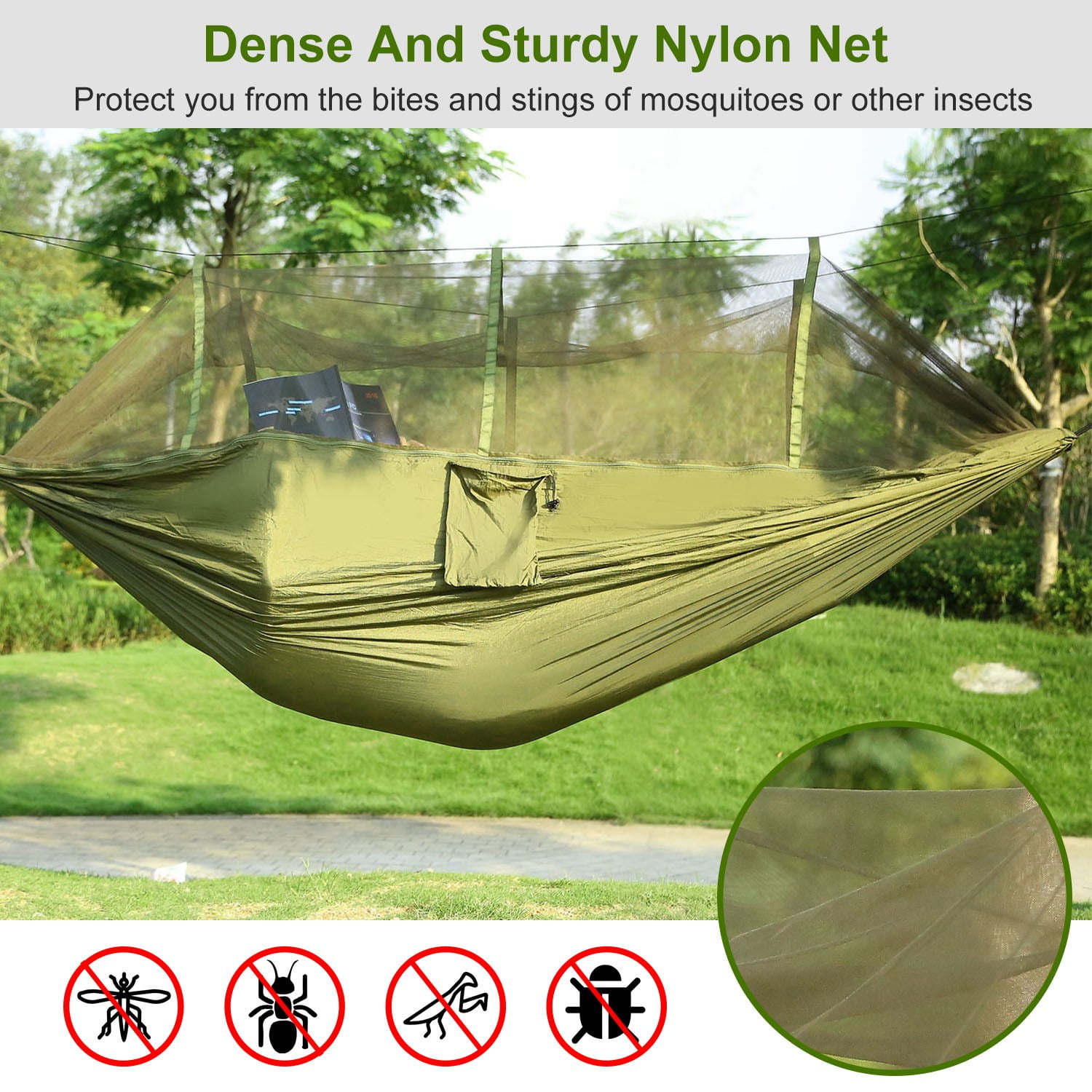 Camping Hammock, Portable Double Hammock with Net, 600lbs Load 2 Persons Hammock w/Mosquito Net Outdoor Hiking Camping Hommock Portable Nylon Swing Hanging Bed w/ Strap Hook Carry Bag