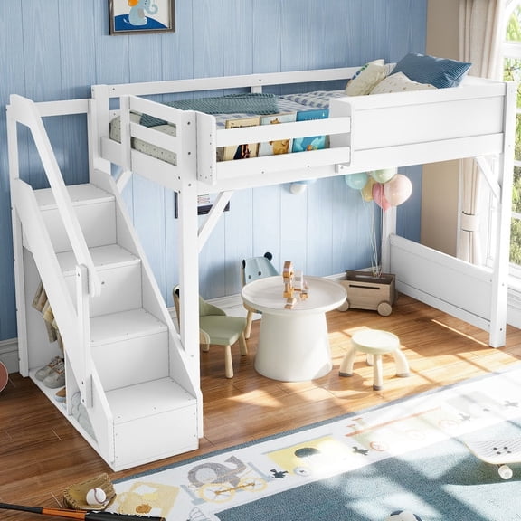 Bellemave Twin Size Loft Bed with Stairs & Wardrobe, Wood Twin Loft Bed with Storage Shelves, Full-Length Guardrails, Loft Bed Twin for Teens, No Box Spring Needed, White
