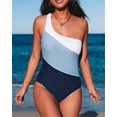 thumbnail image 1 of Women's Sky Blue Color Block One Shoulder Backless One-piece Swimwear, 1 of 21