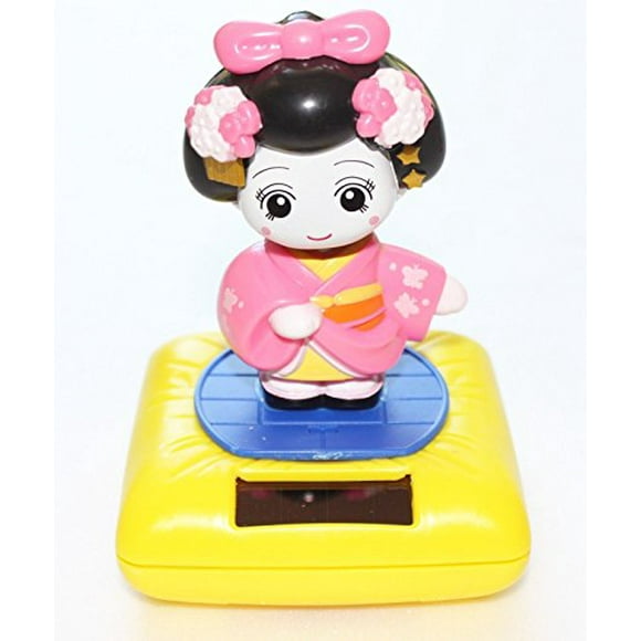 Pink Standing Geisha Yellow Base Solar Powered Japanese Kimono Girl Car Bobble Head Doll Toy Home Decor Figurine Birthday Blessing Gift US Seller