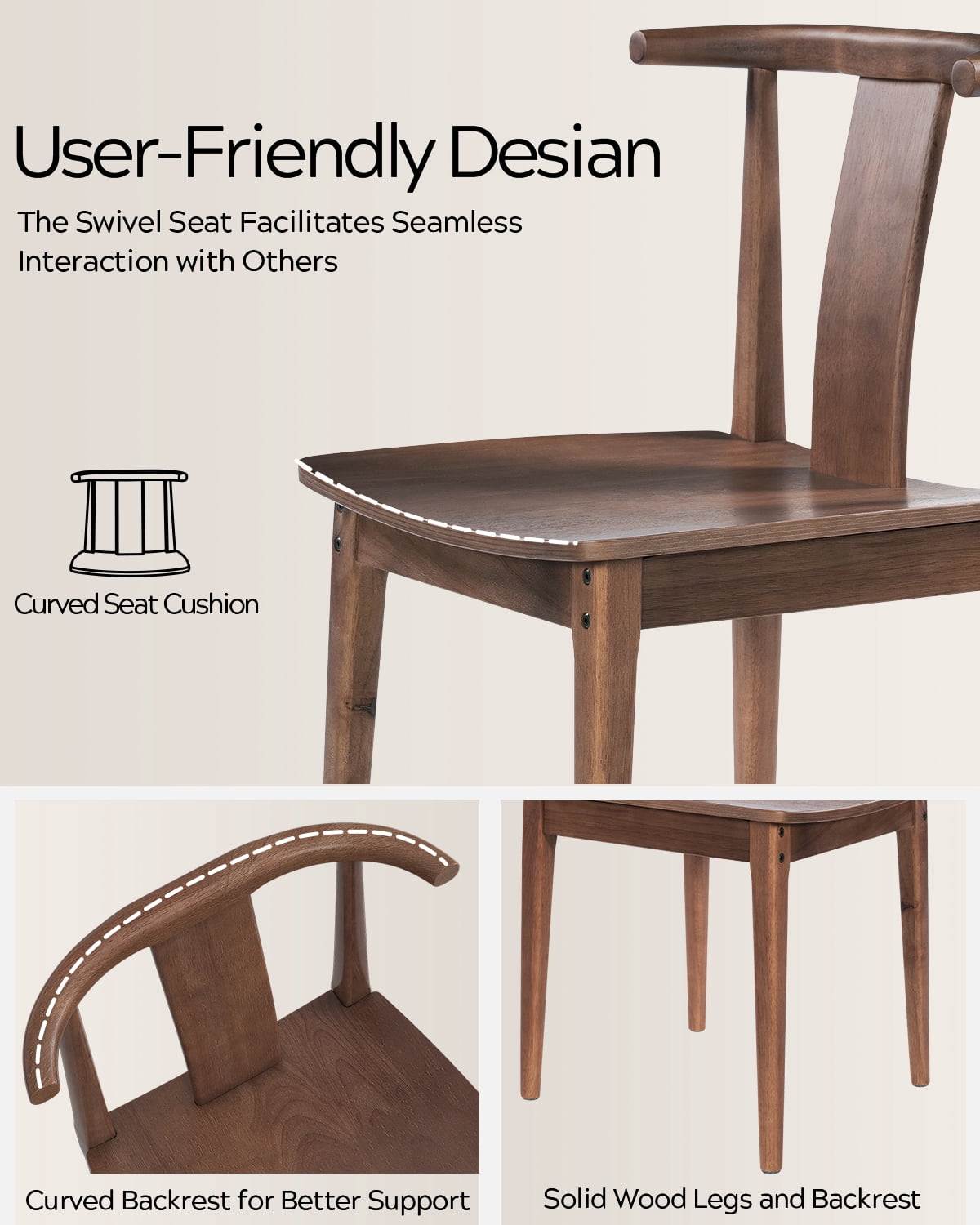 EYYTHUNG Wood Dining Chairs Set of 2, Farmhouse Kitchen Chairs with Curved Back Mid Century Wishbone Dining Chairs, Brown