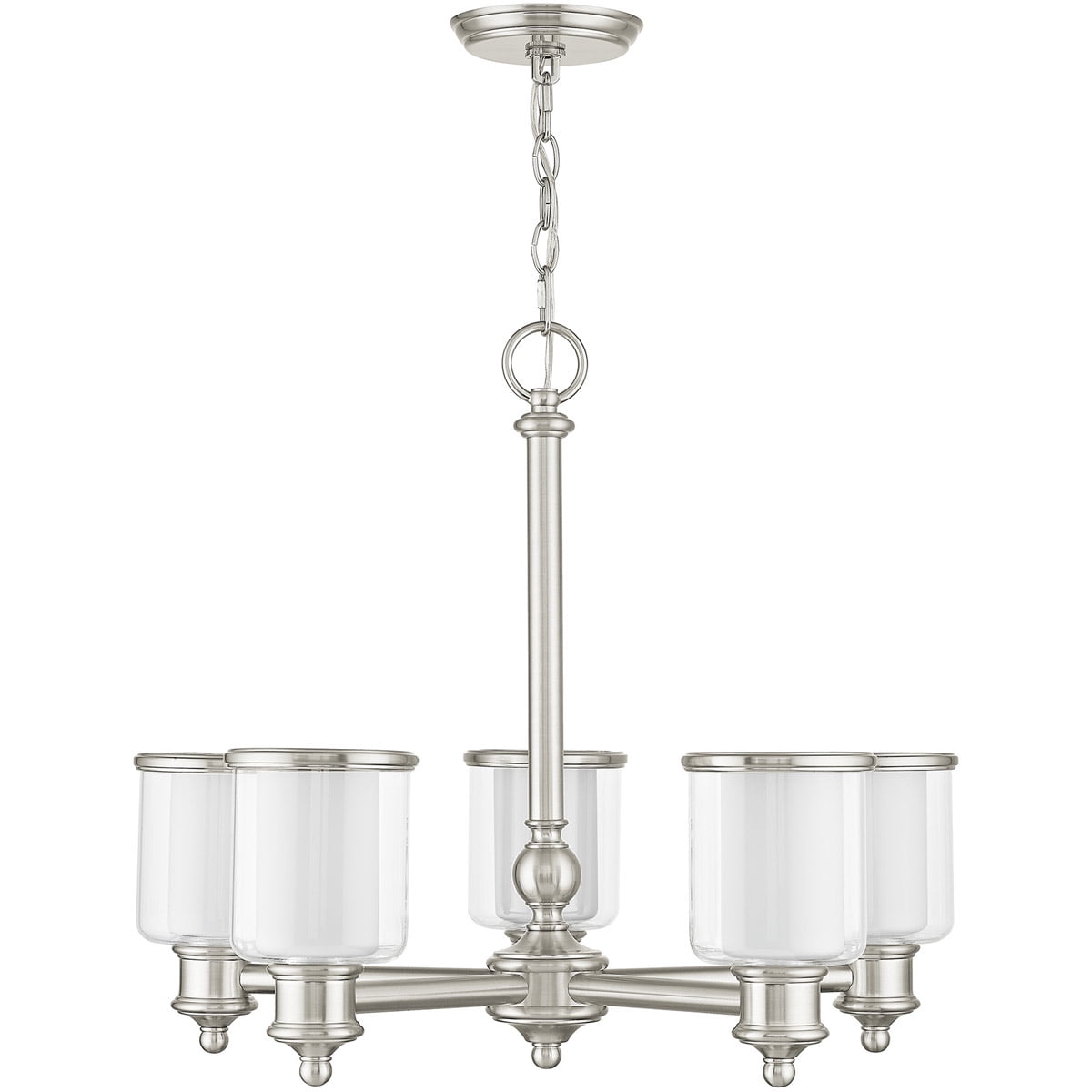5 Light Brushed Nickel Chandelier with Clear Glass & Satin Opal White Glass Shade