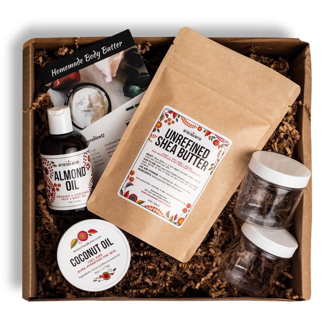 Shea Butter Body Butter Making Kit - DIY Kits for Adults (Raw Shea Butter, Almond Oil, Coconut Oil, 2 Jars) & Recipe Card with Link to Video Tutorial - Natural Whipped B