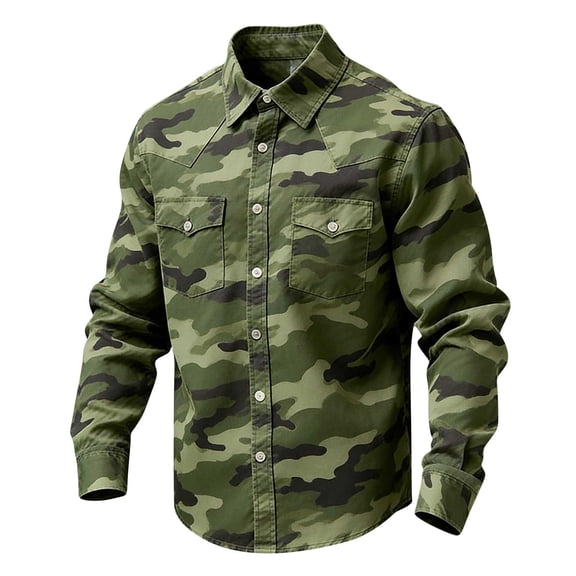 LEKWK Camouflage Shirt for Men Western Cowboy Style Long Sleeve Button Down Top Outdoor Hunting Ranch Rodeo Work Wear
