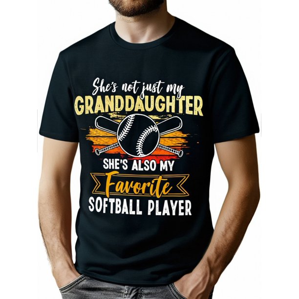 Proud Grandma & Grandpa Softball Player Cotton Tee - "She's Also My Favorite" Baseball Graphic, Casual Round Neck, Short Sleeve T-Shirt for Casual Attire