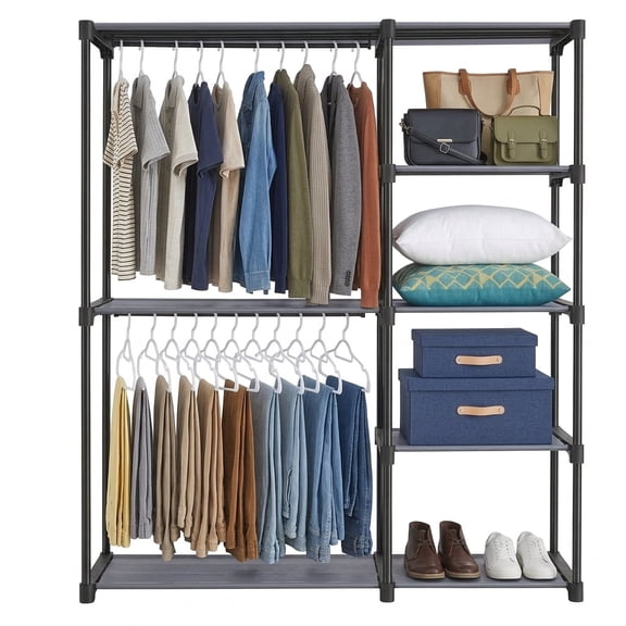 LEDREM Freestanding Closet Organizer with Shelves , 2 Hanging Rods & 4 Shelves , Portable Wardrobe Rack for Bedroom , Cloakroom , Gray