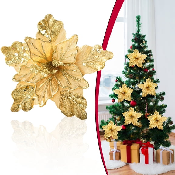 1pc Glitter Gold Poinsettia Christmas Flower Pick Artificial Tree Floral Ornament for Wreath Garland Holiday Decor 9.45 Inch