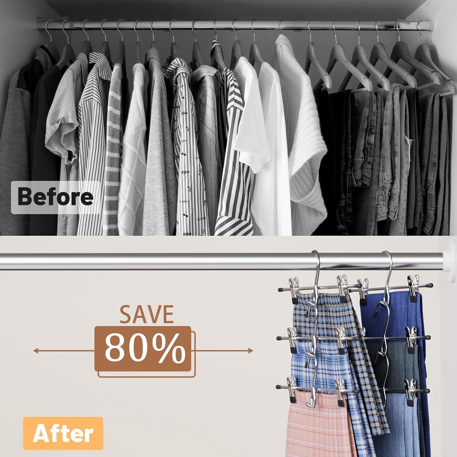 Pants Hangers, Stackable Skirt Hangers with Clips, Hanging Closet Organizer and Storage, Clothes Hangers - 8 Pack