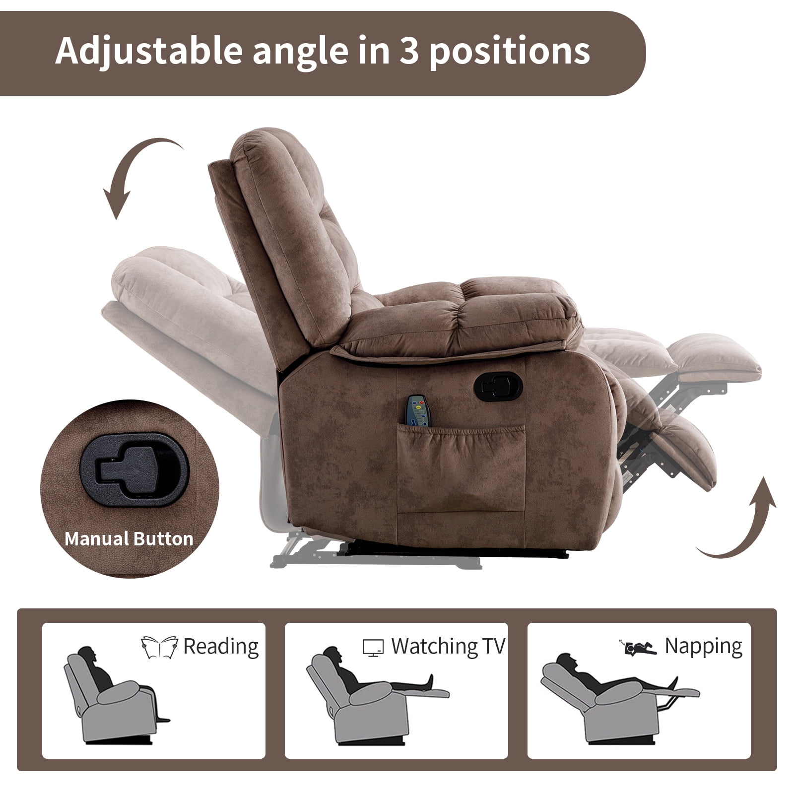 Bonzy Home Recliner Chairs with Massage and Heat Overstuffed Fabric Metal Frame Manual Reclining Chair