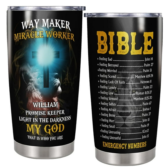 Christian-themed insulated tumbler 20oz featuring Bible verses, emergency prayer contacts, and lion designs – a faith-focused stainless steel gift for men, dads, or boys