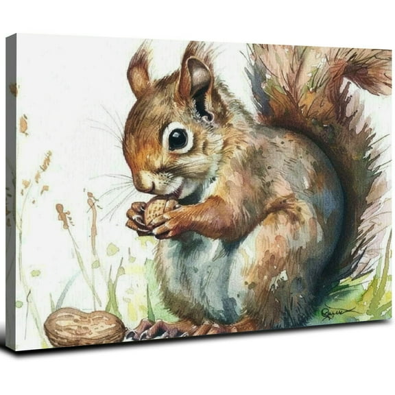 JRXY Cute Squirrel Animal Orange Green Watercolor Painting Canvas Wall Art 20x16inch