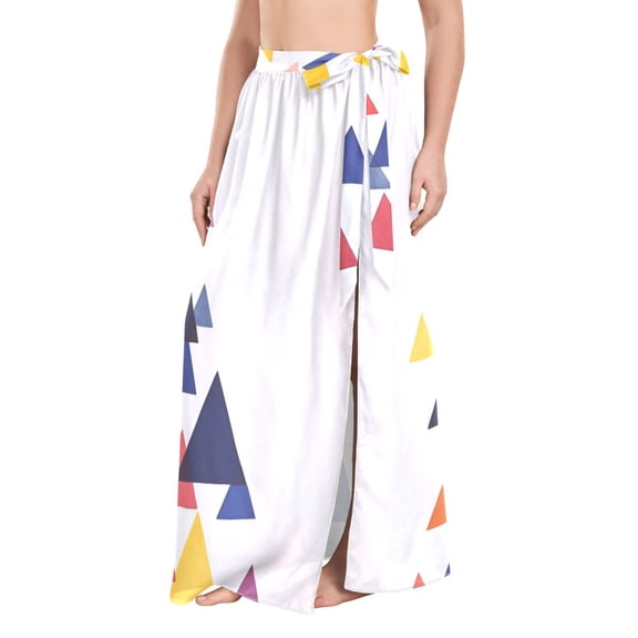 FORMRS Womens Long Sarong Beach Wrap Semi-Sheer Bikini Skirt Bathing Swimsuit Cover Up, White Abstract Triangles