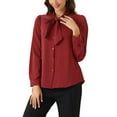 thumbnail image 4 of INSPIRE CHIC Women's Tie Neck Button Down Work Long Sleeves Blouse Shirts L Dark Red, 4 of 6