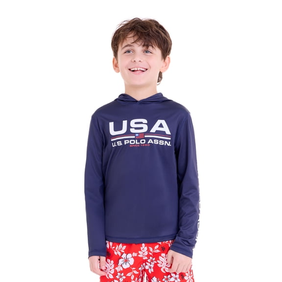 U.S Polo Assn. Boys Long Sleeve Hooded Flag Graphic Rashguard, Sizes 4-18