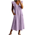 thumbnail image 5 of ClodeEU Women's Linen V Neck Flutter Sleeves Dress with Pockets,Solid Color Casual Loose Fit Summer Midi Dress Purple,Women's Plus L, 5 of 6