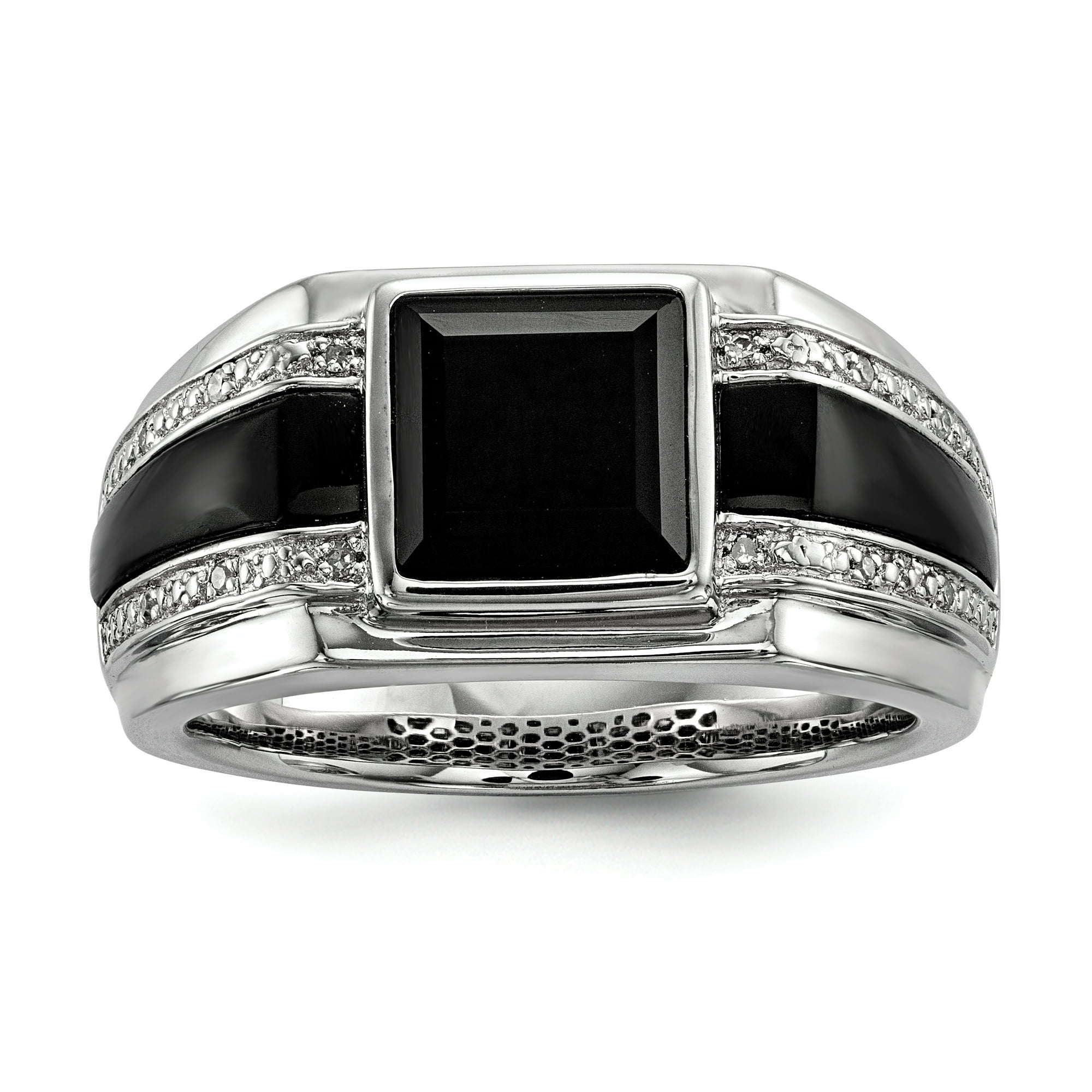 925 Sterling Silver Diamond Onyx Mens Anneau Blanc Nuit Pierre
