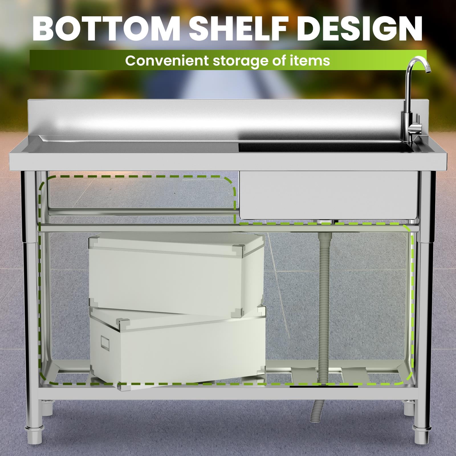 Stainless Steel Commercial Sink, Freestanding Single High Capacity Utility Sinks, with Pull-Out Faucet & Storage Shelf, for Kitchen, Laundry Room, Garage, Outdoor Garden – 47.3" x 18.5" x 33.6"