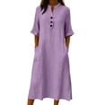 thumbnail image 2 of Gamivast Shirt Dress for Women Half Sleeve V-Neck Linen Feel Midi Dress With Pockets Loose Fit Casual Style Button Down House Dress Solid Color Outfits, 2 of 6