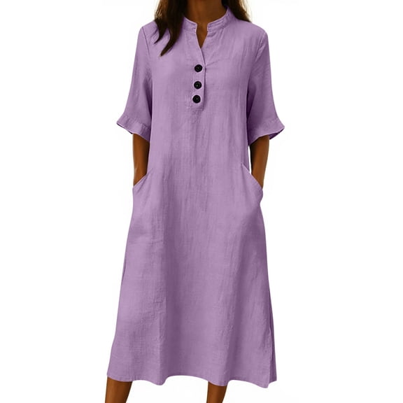 jtjvou 3/4 Sleeve Cotton Midi Dress for Women Summer Loose Button Up Stand Collar Beach Vacation A-Line Dresses with Pockets Purple M