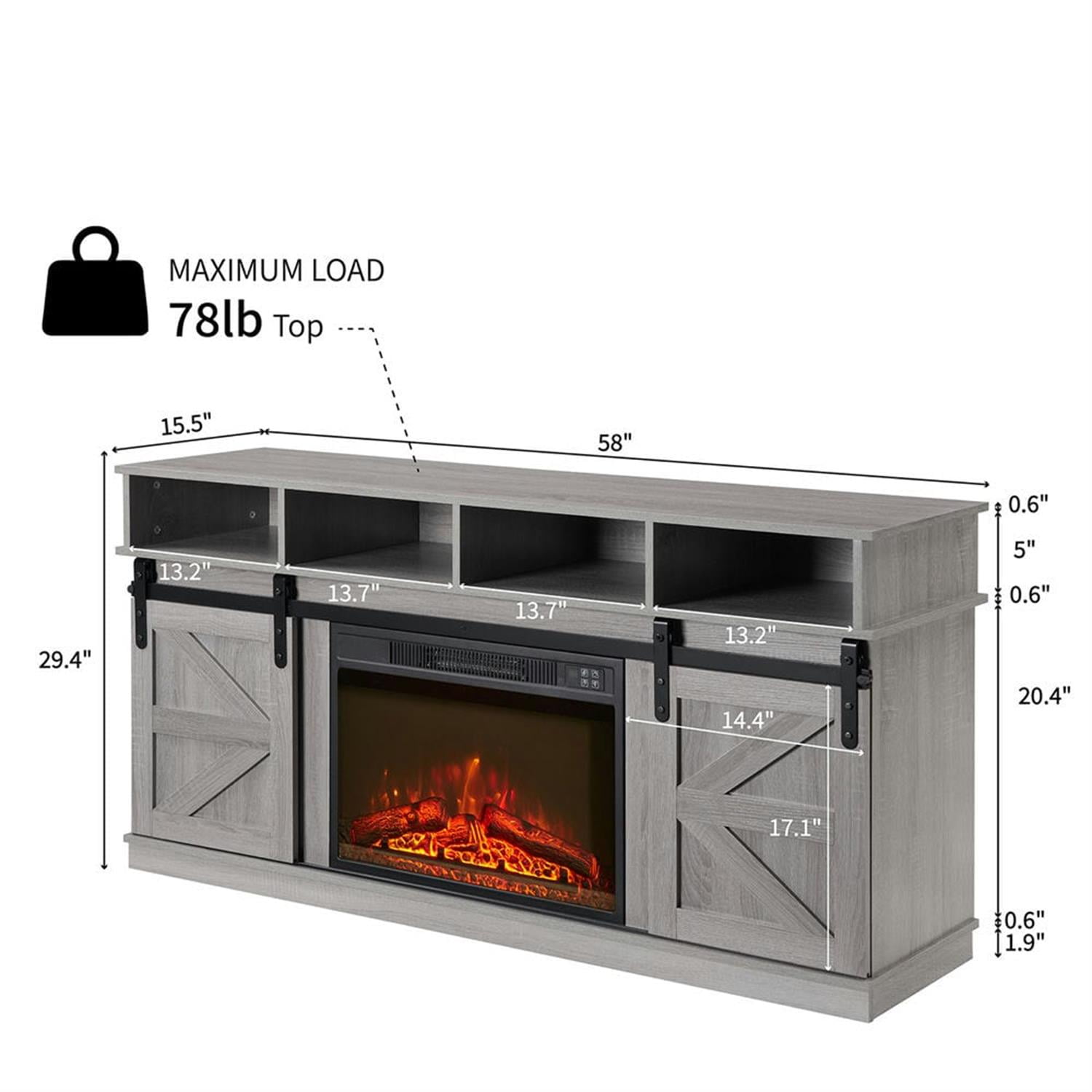 Demi Bonn Modern Farmhouse TV Media Stand for TV Up to 65'', Large Barn Inspired Home Entertainment Console with 23" Fireplace Insert, Open Shelves and Closed Cabinets, Gray