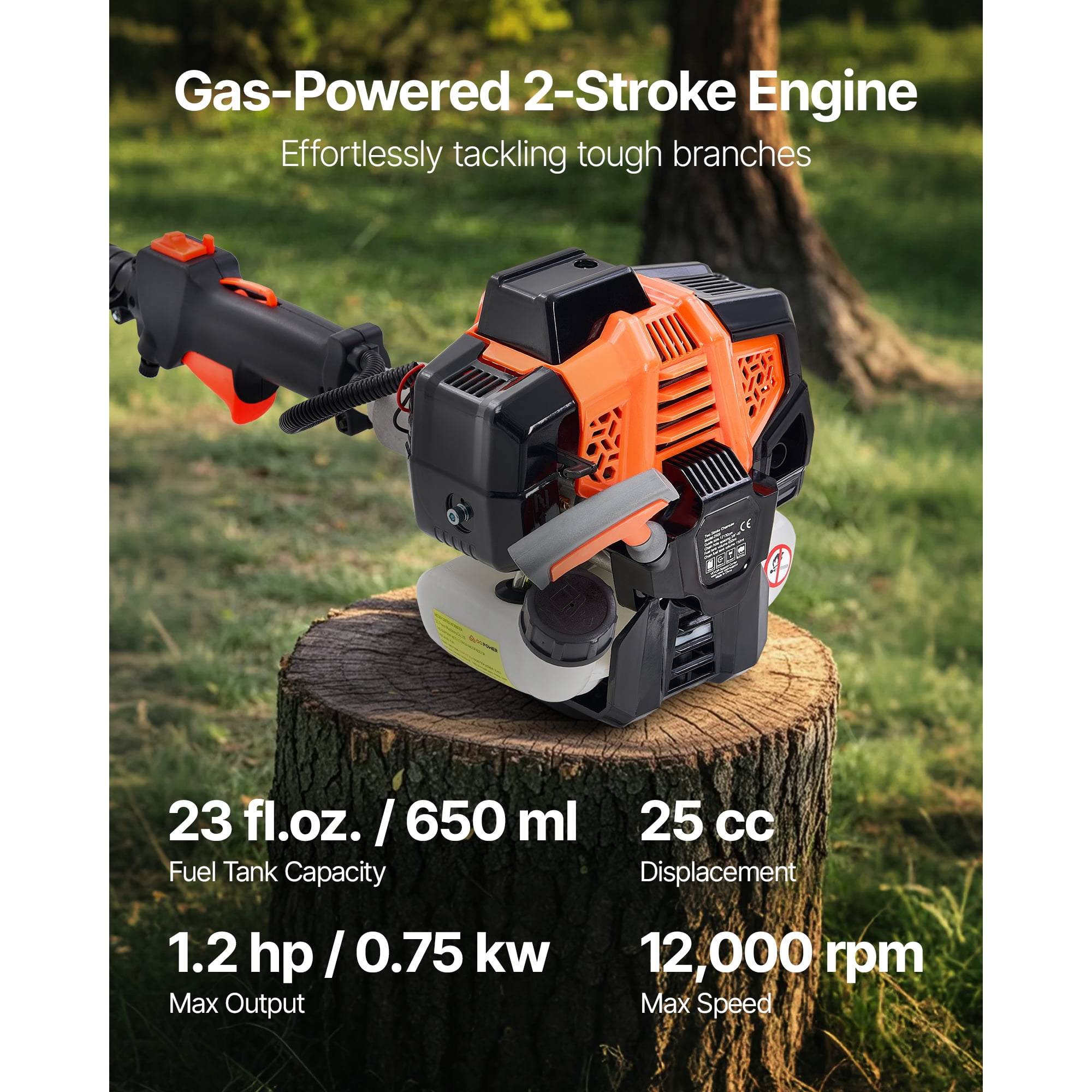 KFFKFF Gas-Powered Pole Saw, 25CC 2-Stroke Engine with 8-Inch Cutting Bar, Cordless Tree Trimmer Featuring 23 fl.oz Fuel Tank, Adjustable Length from 6.5 to 9 ft, Efficient Chainsaw for Pruning