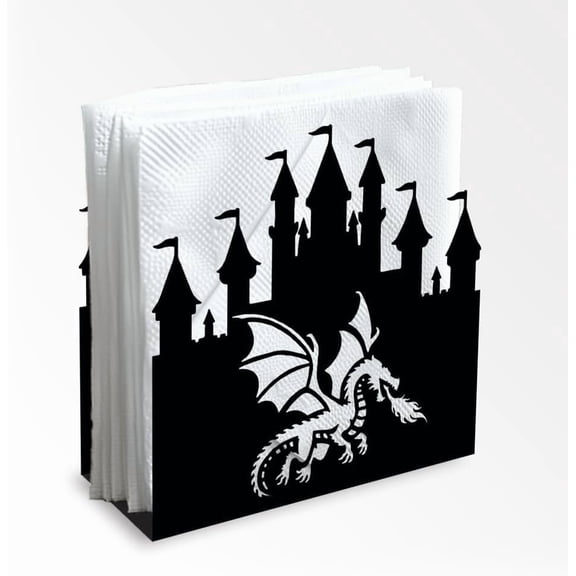 Dragon in Castle Decorative Black Metal Napkin Holder for Table 4.9" x 4.9" x 1.9" Standing Napkin Holder for Home Kitchen Restaurant Picnic Party Coffee Bar Dining Room