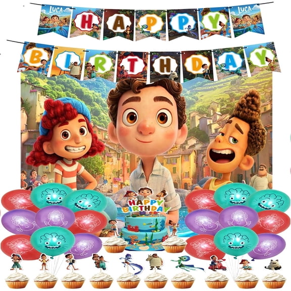 Luca Birthday Decoration - Luca Themed Party Supplies Set includes Cupcake Toppers, Cake Topper, Happy Birthday Banner, Balloons, Background