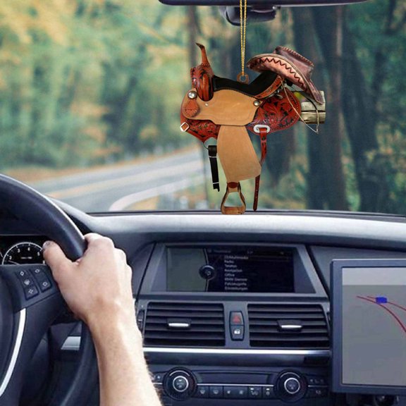 Vacemry Under $5 Western Saddle Pendant, Cowboy Theme Car Rearview Mirror Charm, Flat Acrylic Backpack Accessory, Country Style Keychain for Purse Zipper