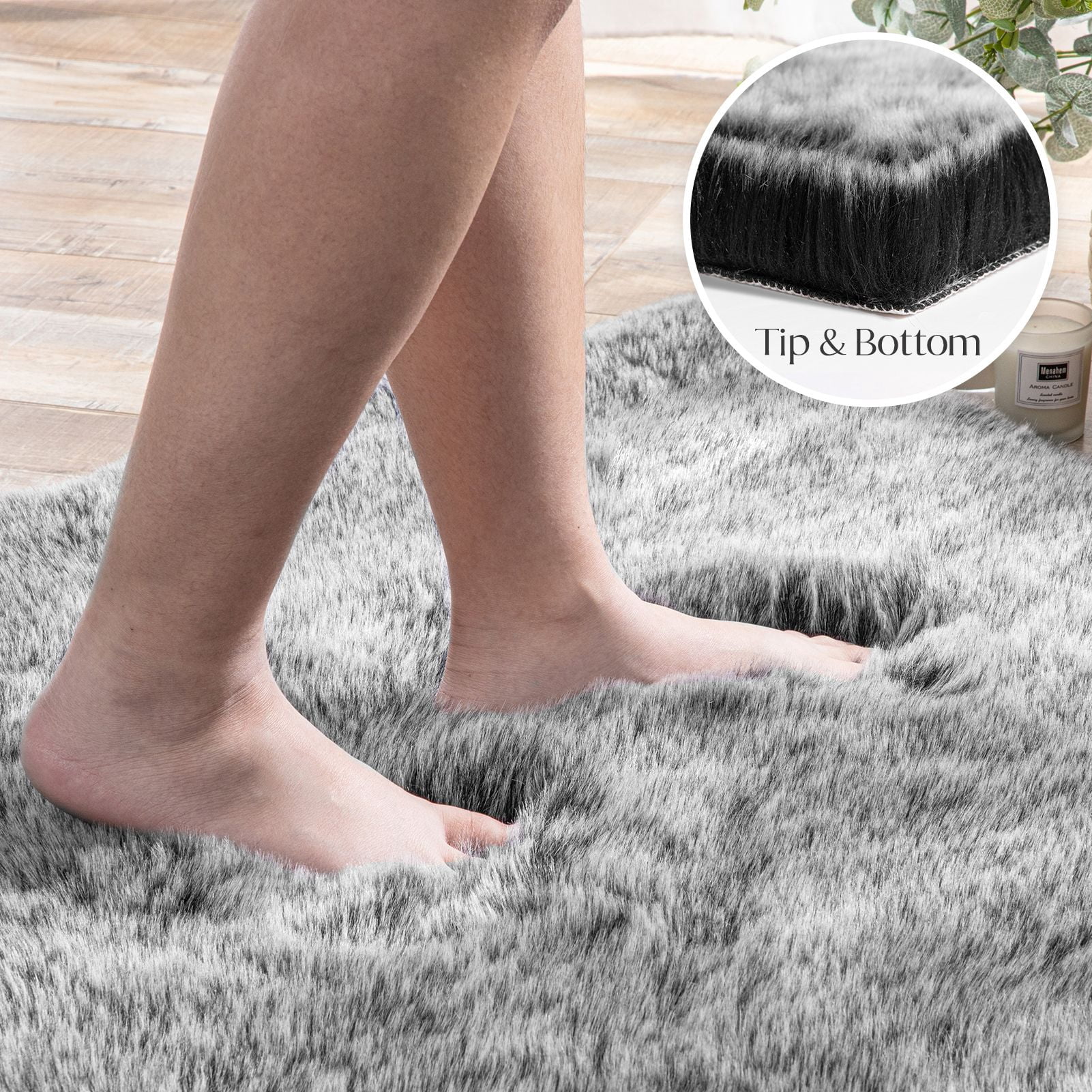 Phantoscope Ultra Soft Faux Fox Fur Black, Indoor Area Rug, 3 x 3 ft, Round