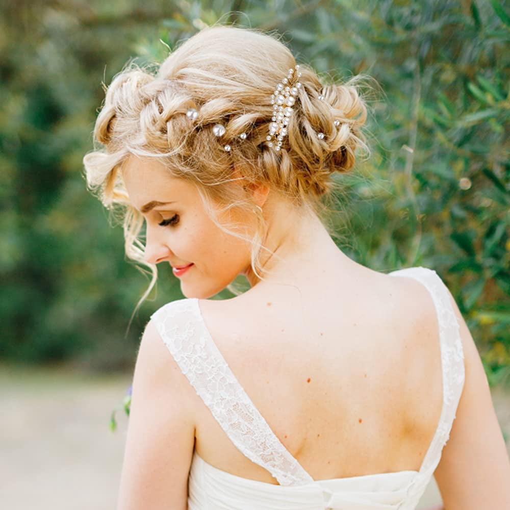 23Pcs Bridal Pearl Gold Hair Clips, STONCEL Wedding Flower Leaf Rhinestone Hair Pins, Bride Hair Combs Accessories U-shaped Hair Barrettes Headpieces for Bridesmaid Party Women Girl