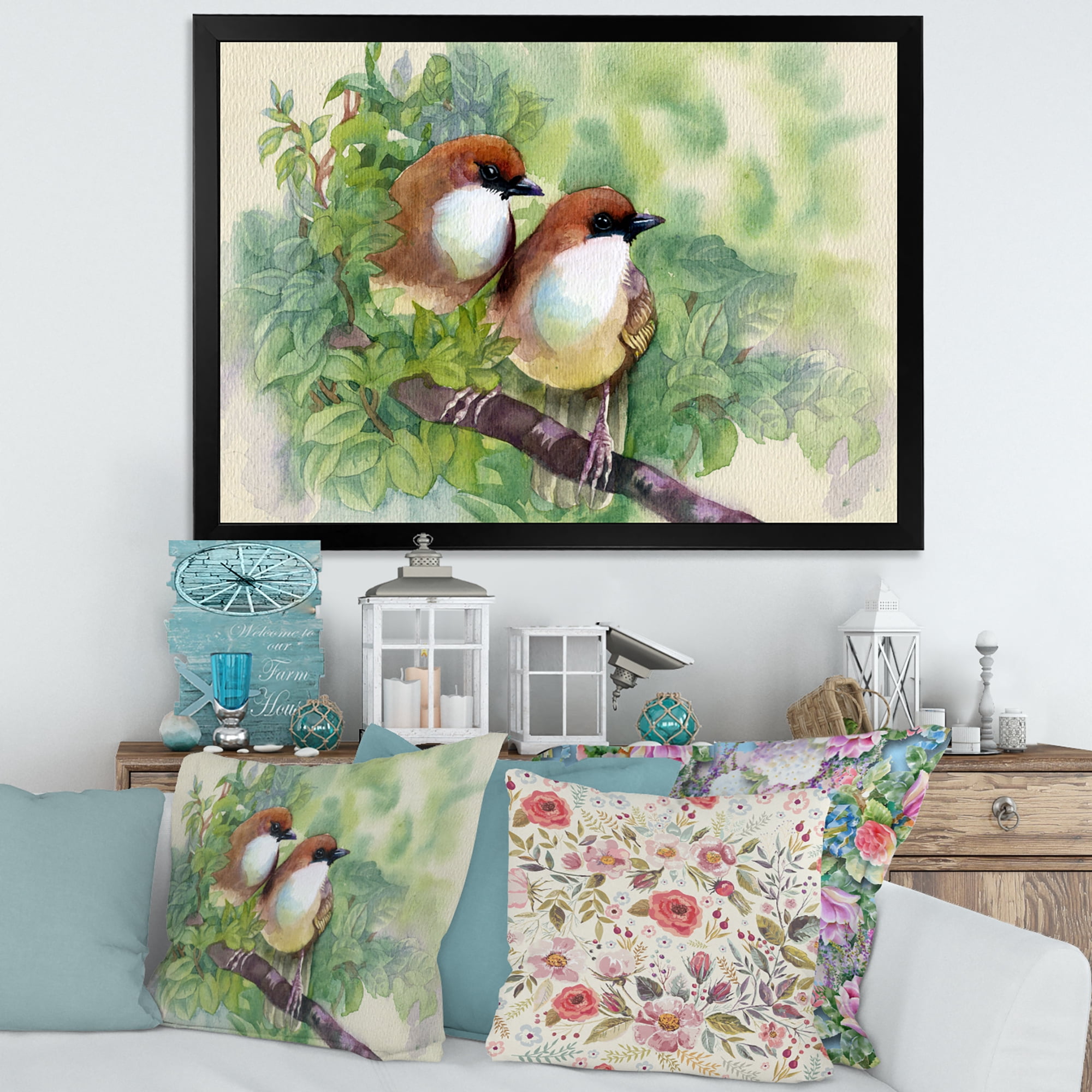 Birds Of Spring Sitting On Branch 40 in x 30 in Framed Painting Canvas Art Print, by Designart