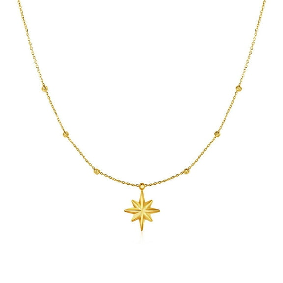 14k Yellow Gold Necklace with Eight Pointed Star and Beads 18 in