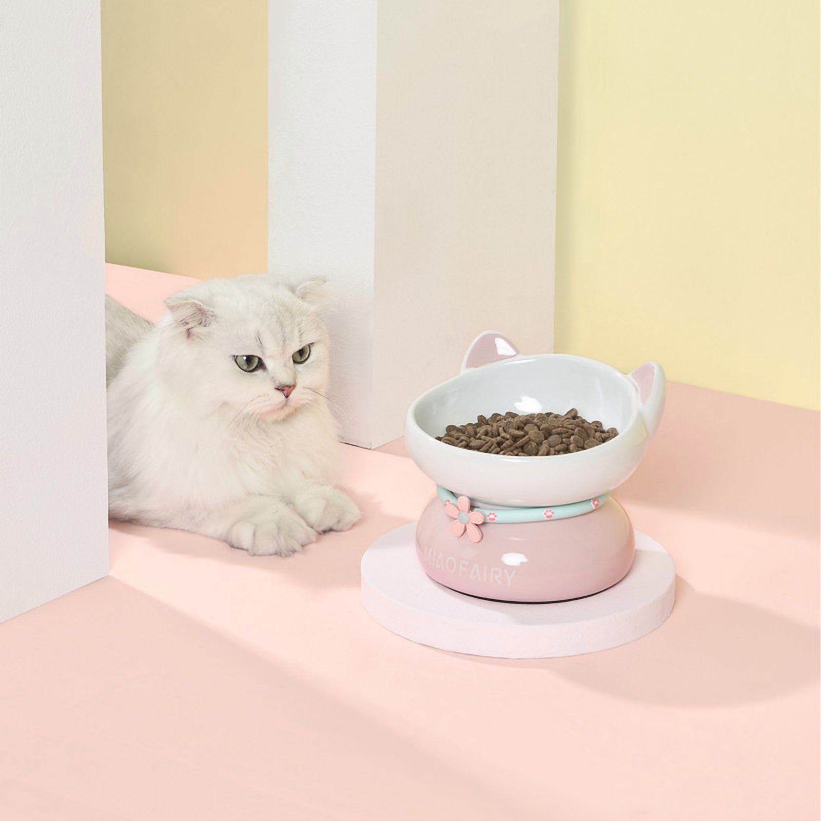 Fairela Elevated Ceramic Food and Water Bowl for Cats, Pink Cute Ear Design