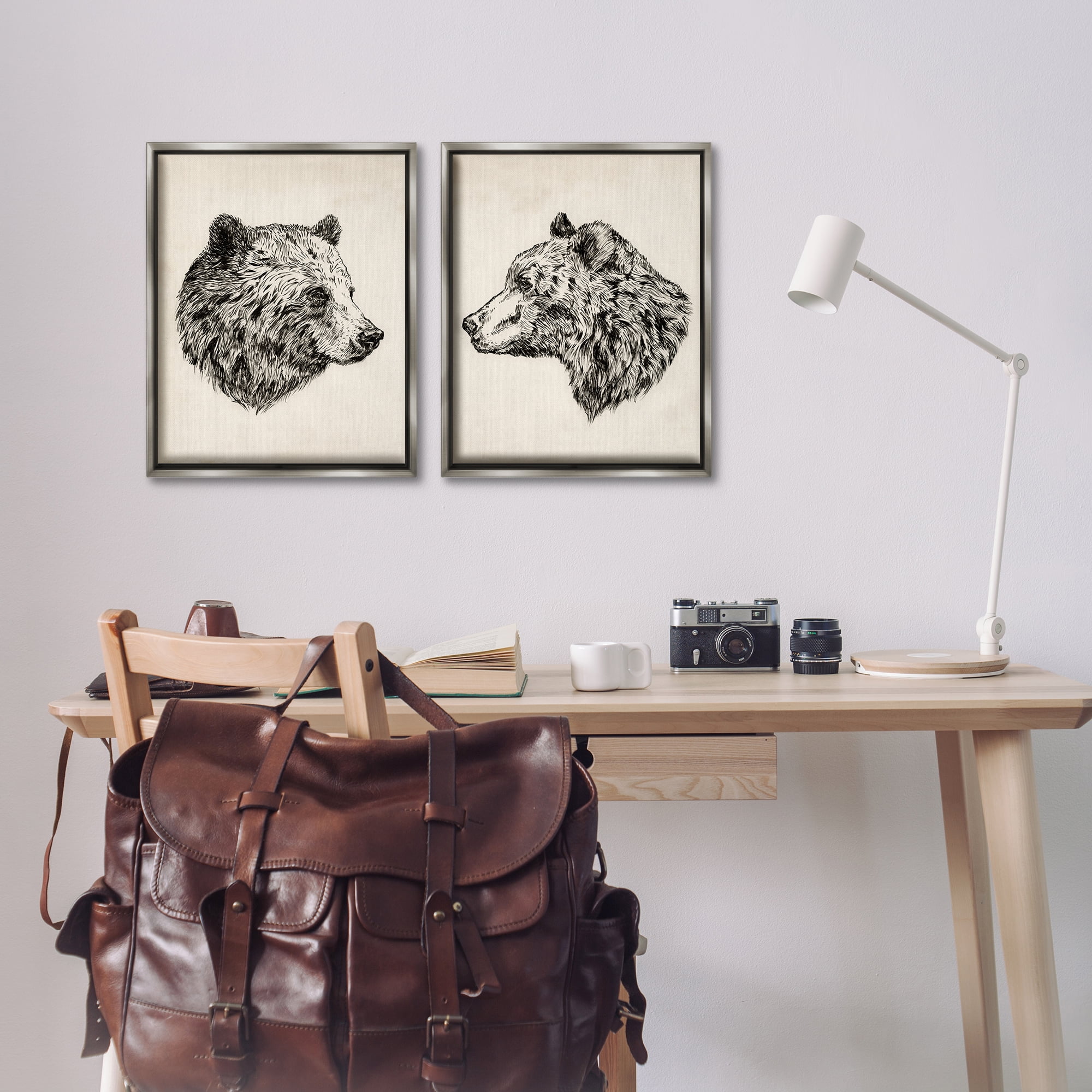 Stupell Industries Portrait Brown Bear Animal Animals Drawing Gray Floater Framed Canvas Art Print Wall Art, 17 x 21, Set of 2