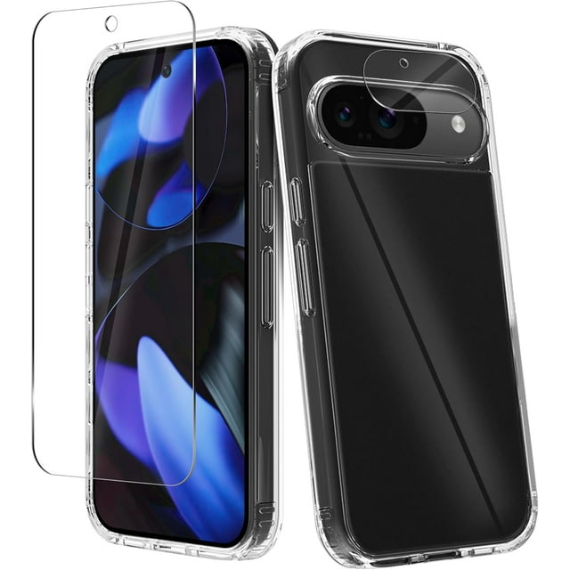 HZXC-(3 in 1) Phone Case Compatible for Google Pixel 9, with Screen Protector + Camera Lens Protector (Tempered Glass), TPU Frame Acrylic Back Cover Shock-Proof Body Protection (Crystal Clear)