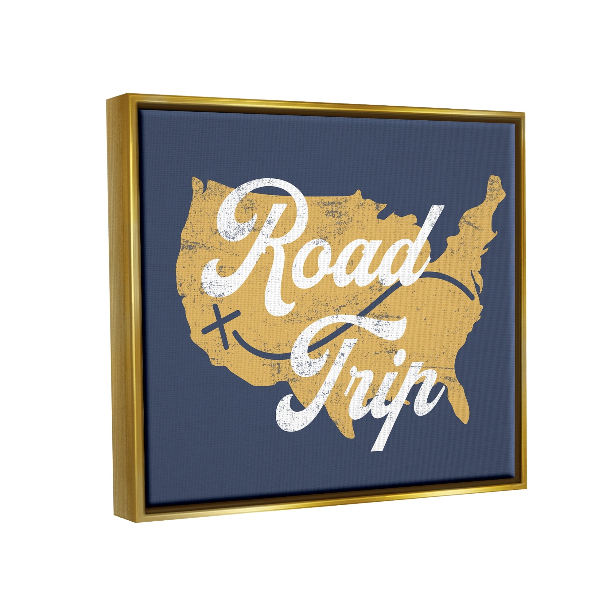 Stupell Industries Road Trip Vintage Text Traveling Country Map Metallic Gold Framed Floating Canvas Wall Art, 16x20, by Lil' Rue