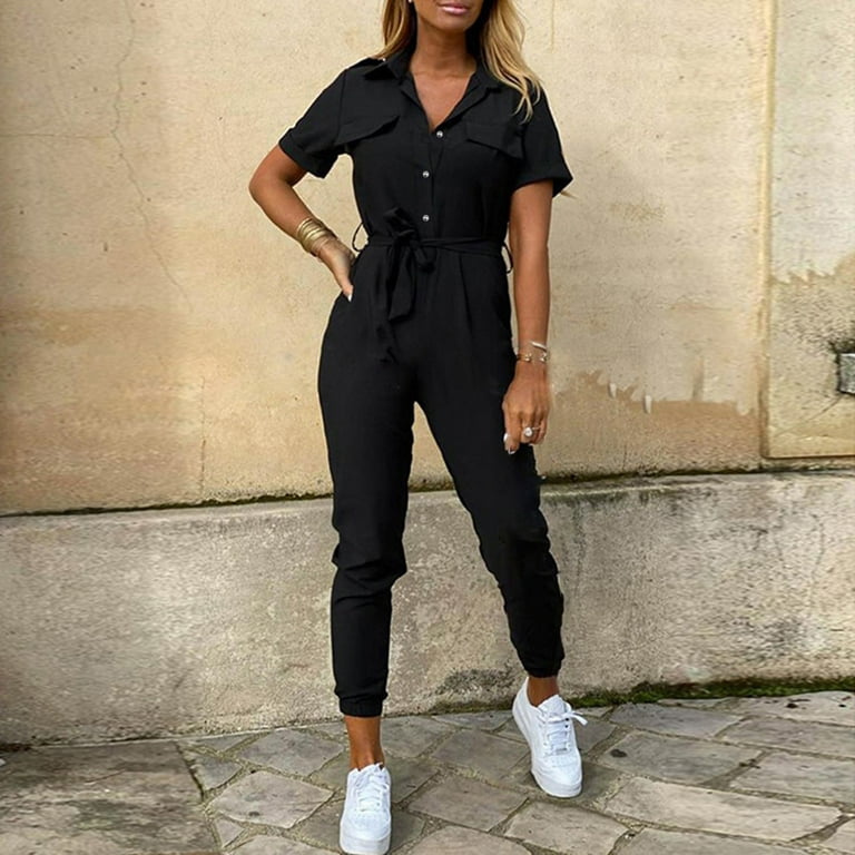 Jumpsuits For Women Summer Casual Short Sleeve Lapel Button Down Belt Work  Jumpsuit Rompers With Pockets Pretty Women Clothes Black S 