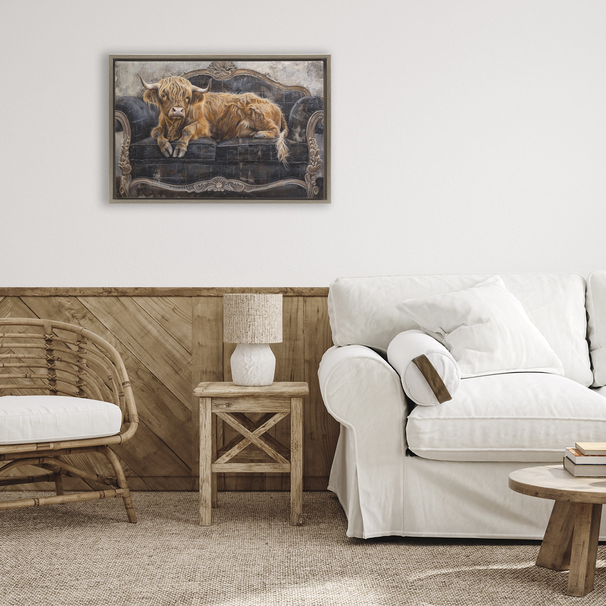 Stupell Industries Cozy Couch Highland Cow Brown Framed Floater Canvas Wall Art, design by Tina LeCour
