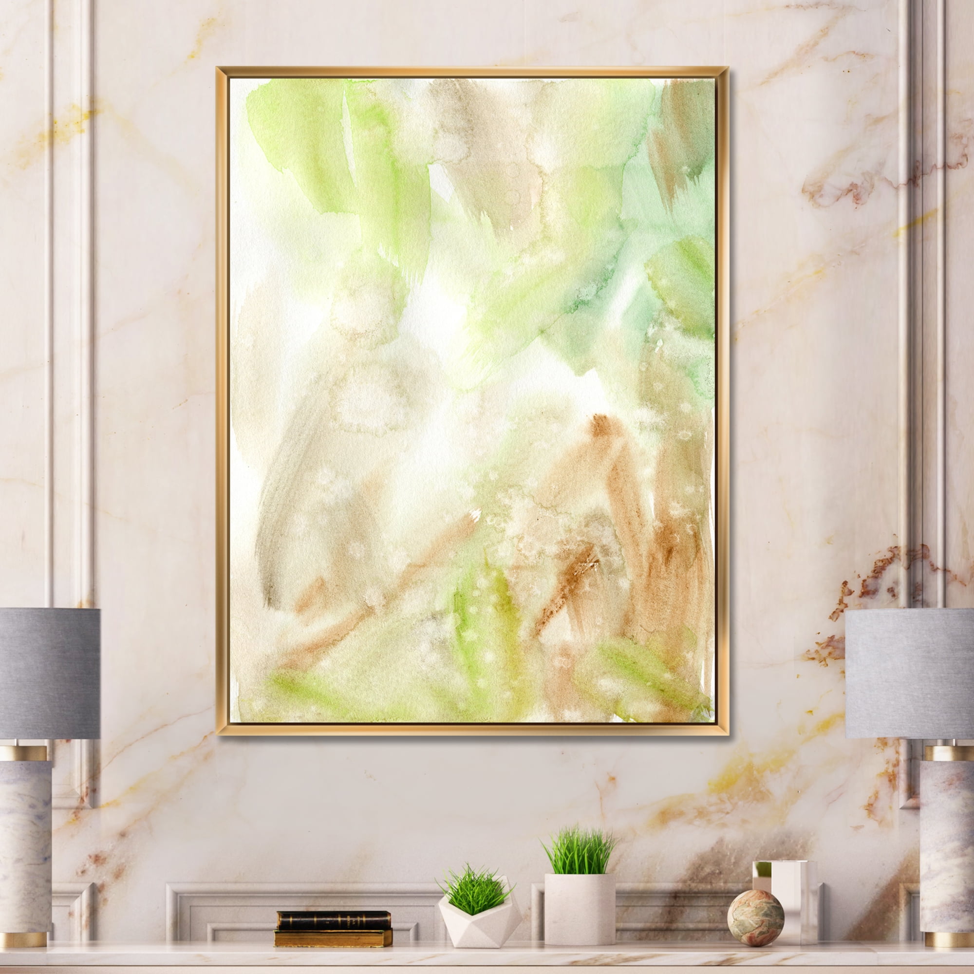 Designart 'Pastel Abstract With Brown Green and Beige Spots' Modern Framed Canvas Wall Art Print