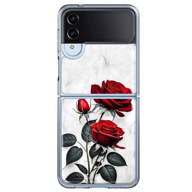 MUNDAZE Samsung Galaxy Z Flip 4 White Marble Red Roses Double Layer Phone Case Cover