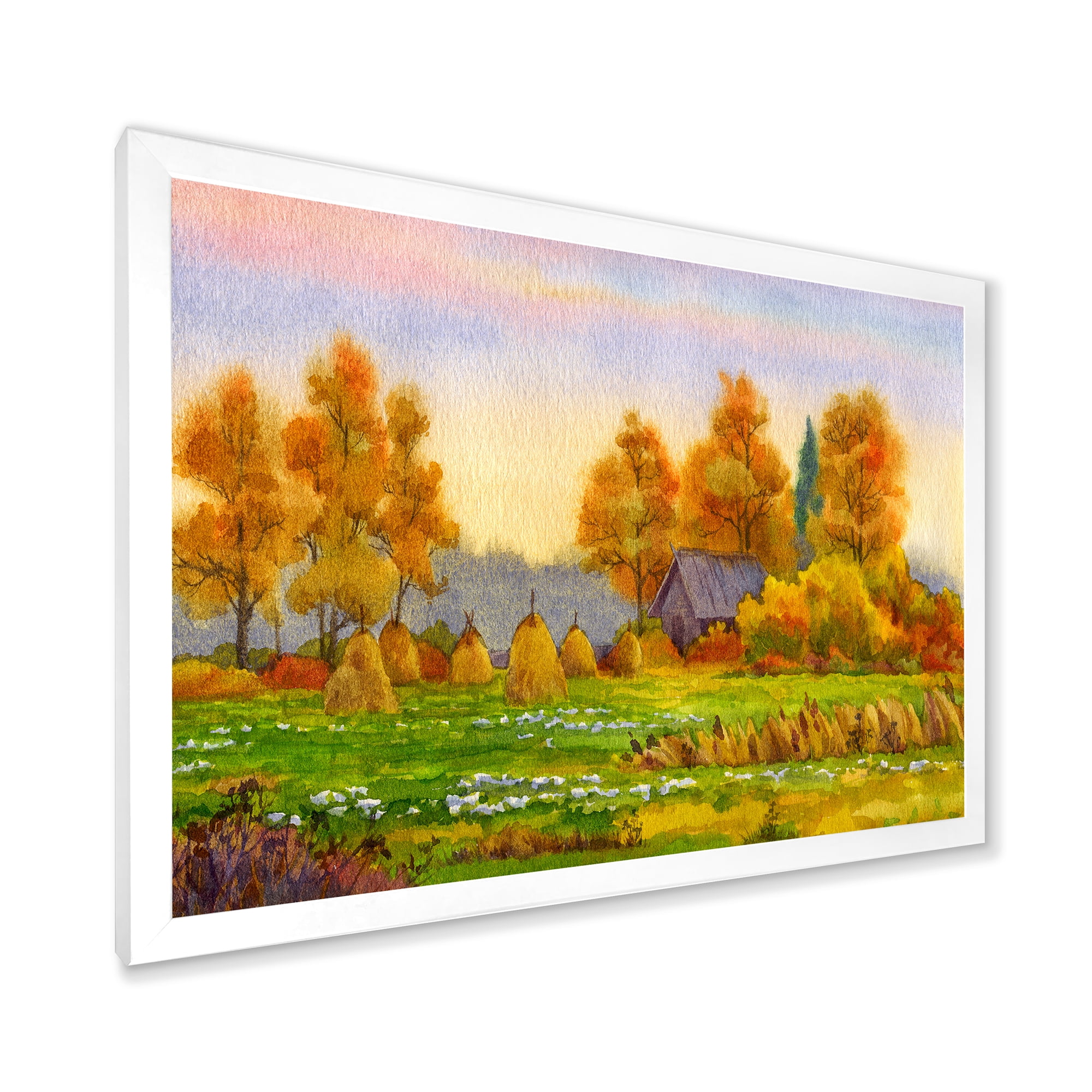 Designart 'Orange Fields With Haystacks I' Lake House Framed Art Print