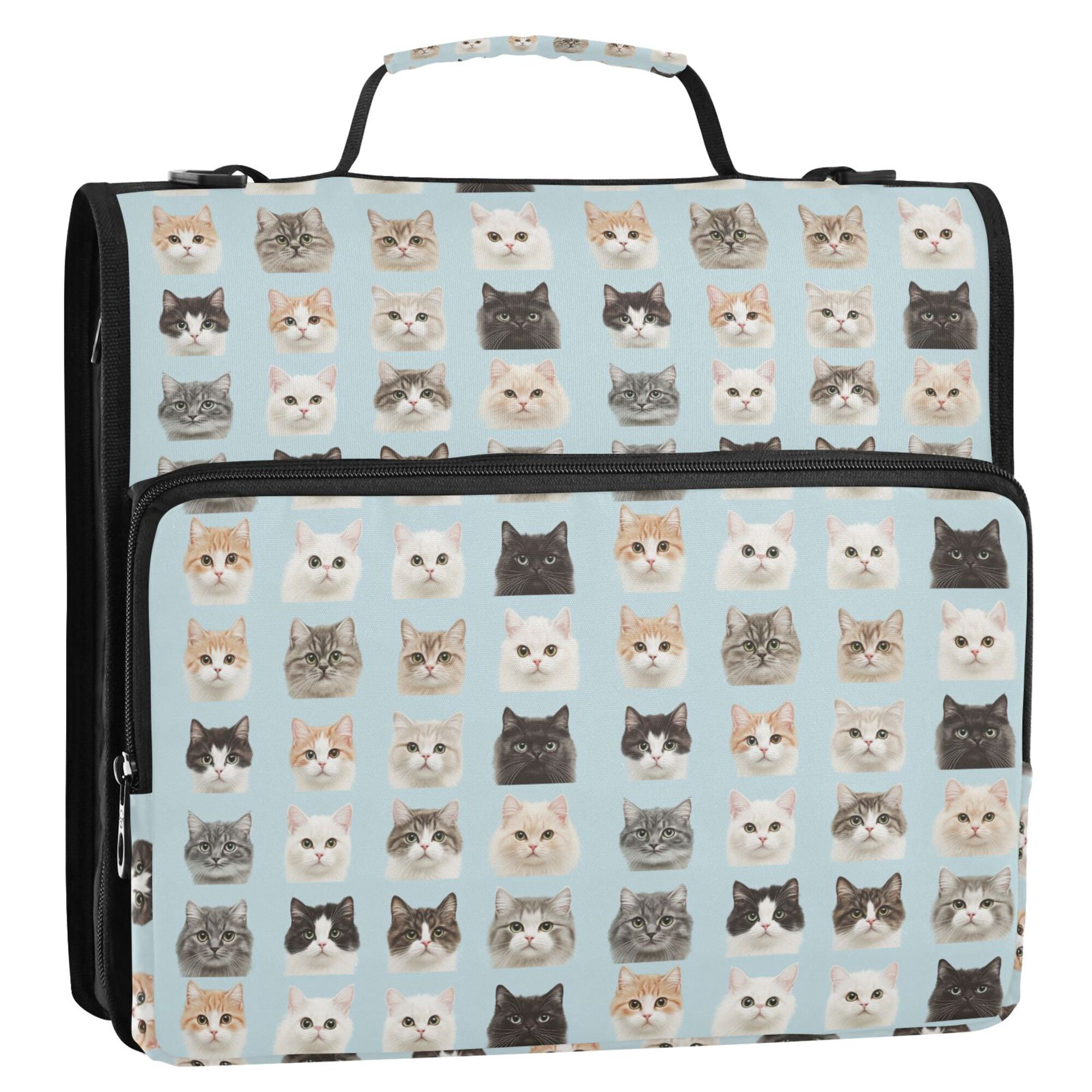 FORMRS Zipper Binder with Shoulder Strap 2-inch Ring 500 Sheet Capacity File Bag, Cute Cat Faces