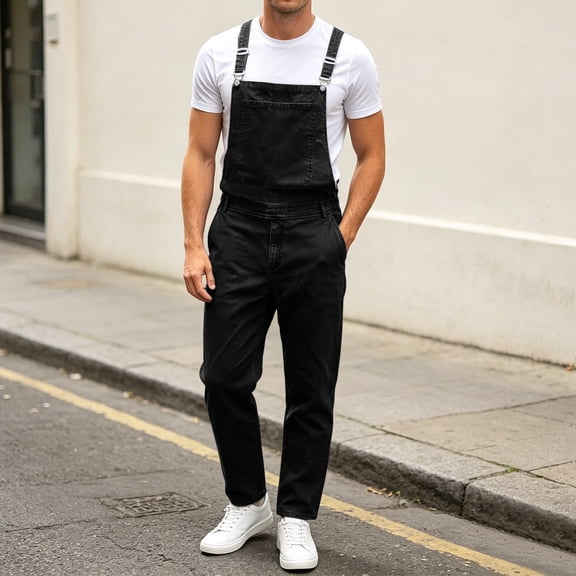 Ceisia Men Adjustable Strap Denim Bib Overalls Pocket Design Loose Fit Casual Jumpsuit Pants Black XL Gift