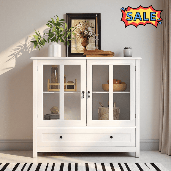Tcbosik Sideboard Buffet Cabinet with Glass Doors, Kitchen Sideboard Cabinet with Drawer and Shelf, Small Storage Cabinet for Bedroom, Living Room, Dining Room, White