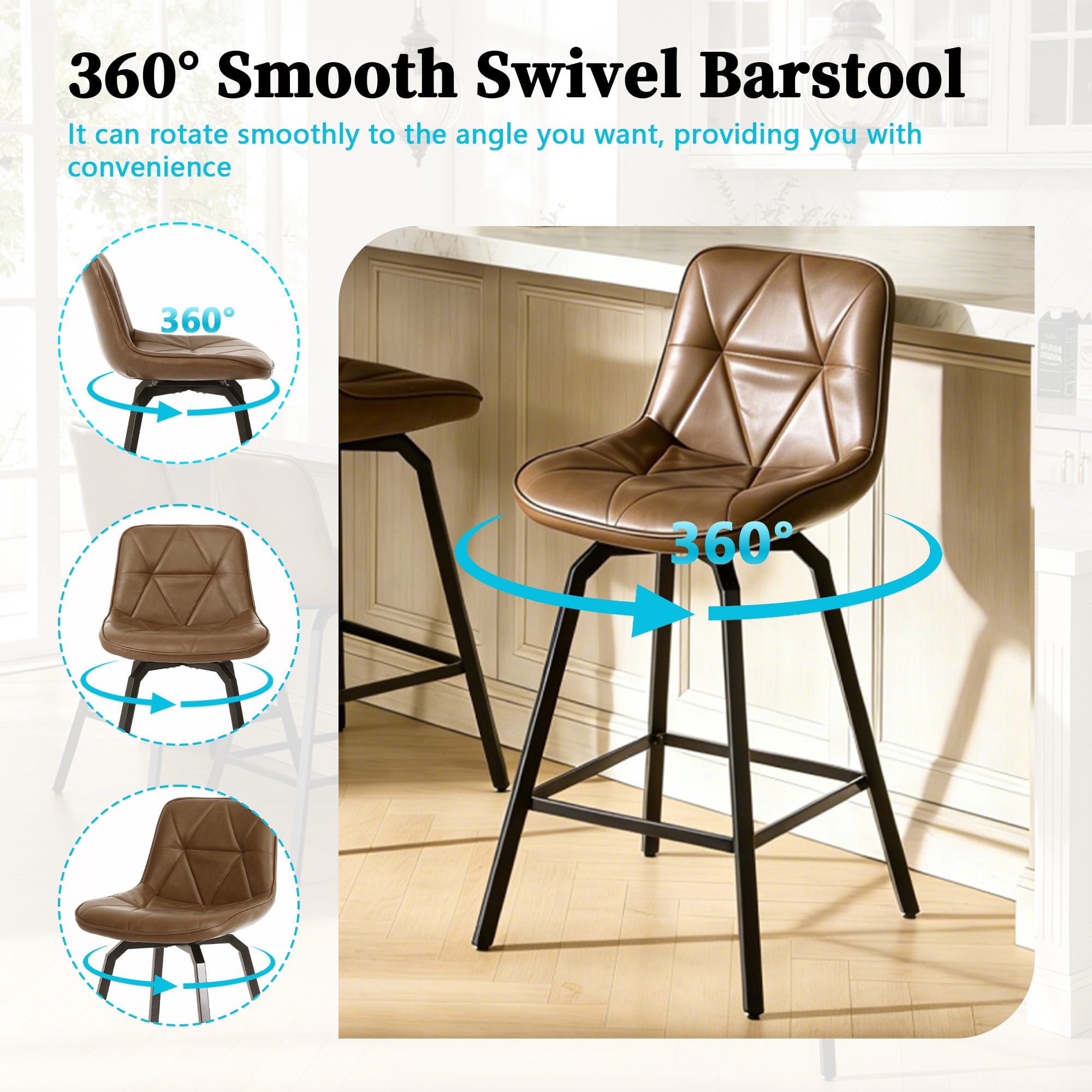 ClinQ 26 inch Swivel Counter Height Bar Stool Set of 3, Faux Leather Seat with Metal Legs and Back, Darkbrown