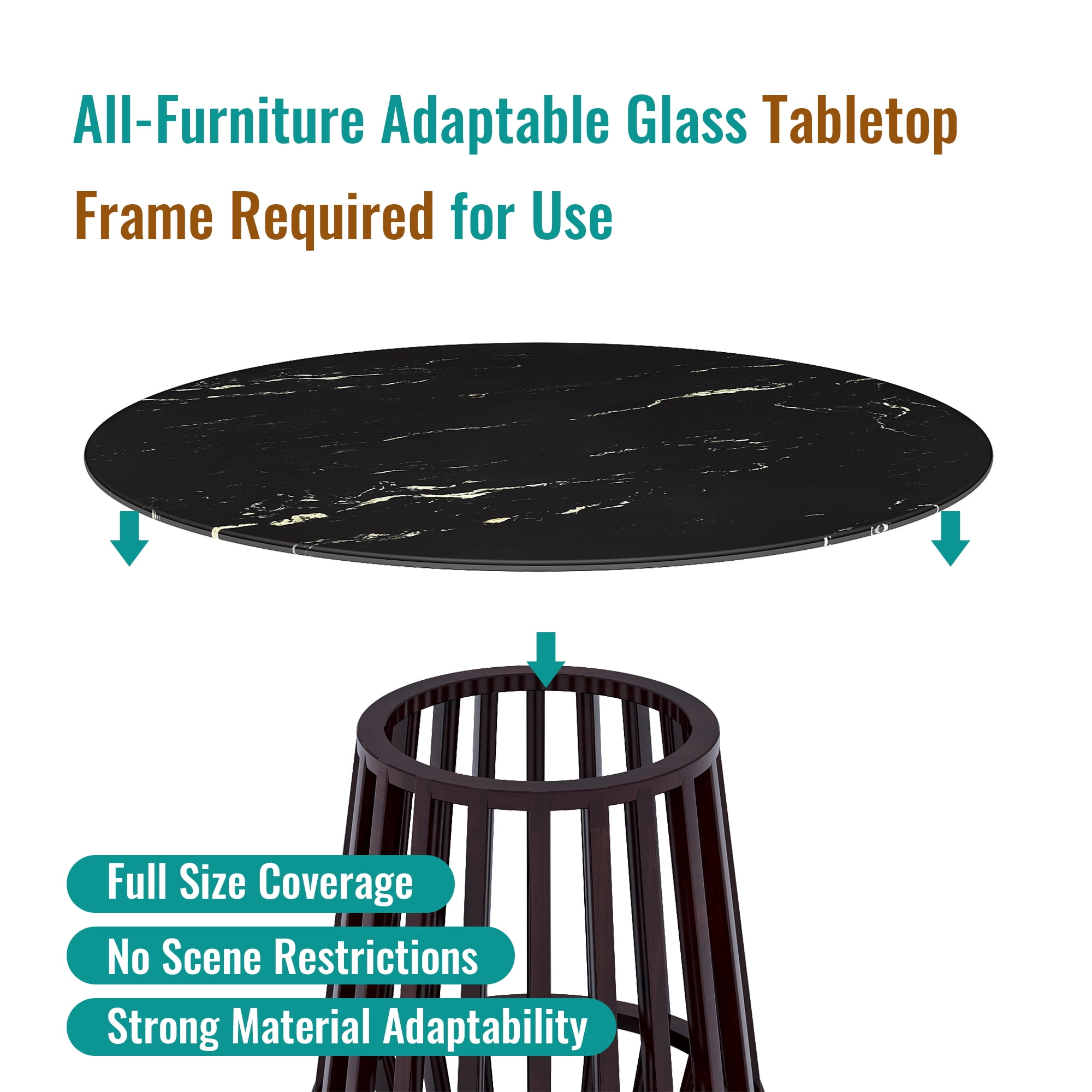 Round Glass Table Top, 32 Inch Marble Pattern Tempered Glass Replacement Desktop for Indoor Outdoor Patio Home Furniture, Black