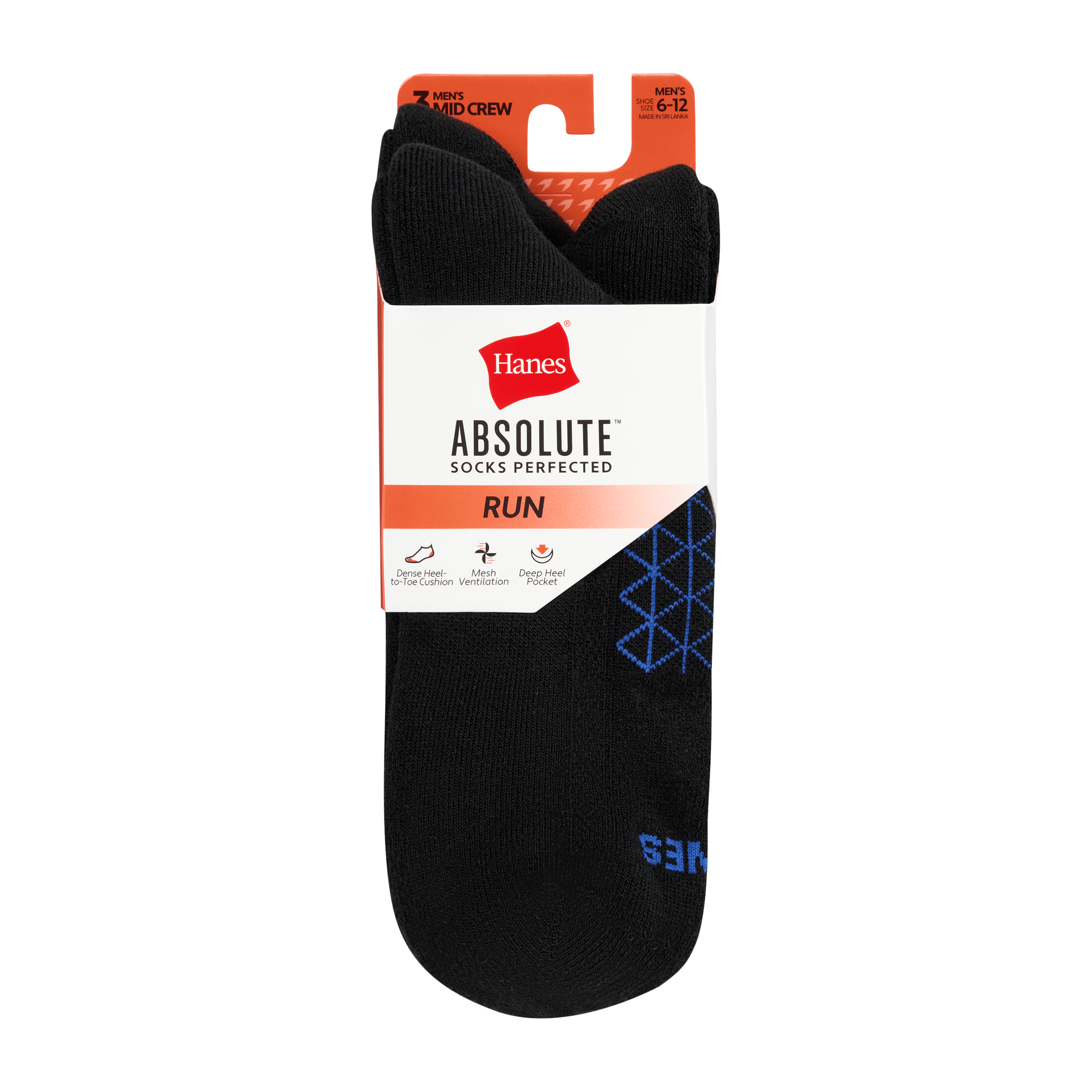 Hanes Mens Crew Socks, Cushioned, Absolute Comfort, 3-Pack, Size 6-12, White Multi