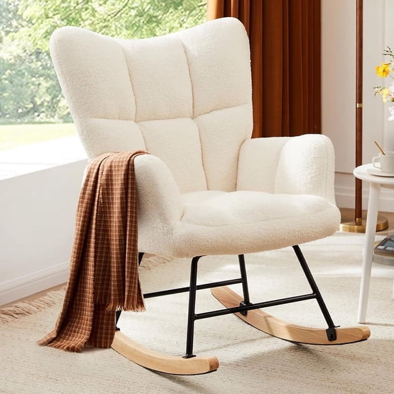 TINKLE WELL Teddy Glider Recliner Rocking Chair, High Backrest Modern Accent with Smooth Glide Motion for Nursery, Living Room, Bedroom, Plush Reading & Relaxation Chair, Beige