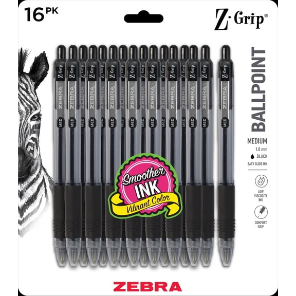 Zebra Pen Z-Grip Retractable Ballpoint Pens, 1.0mm Medium Point, Black Ink, 16 Count